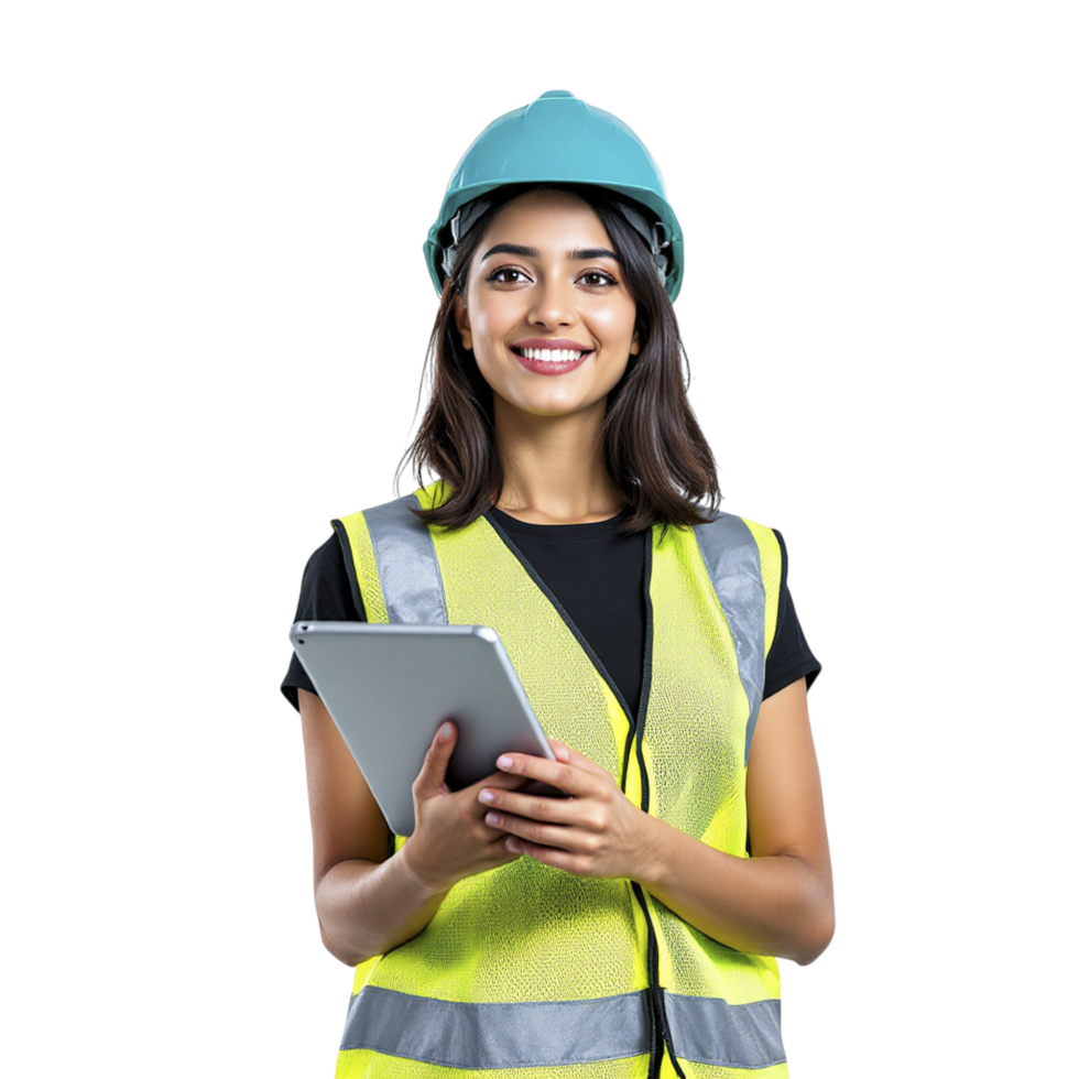 A woman in a hard hat and vest holding a tablet png