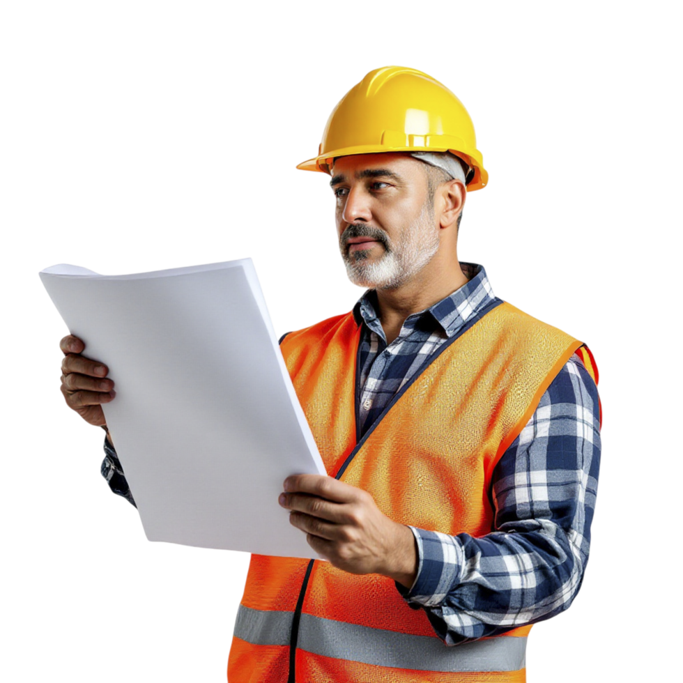 A man in an orange vest holding a piece of paper png