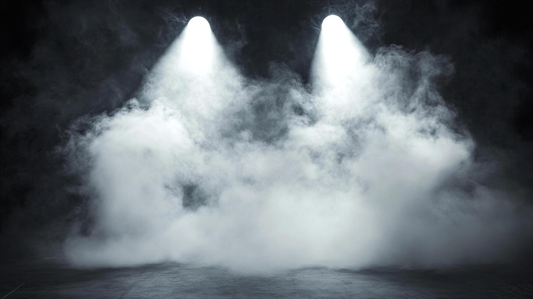 Two bright spotlights illuminate smoke in a dark room. Great for use in various projects and design needs. Smoke photography backdrop. photo