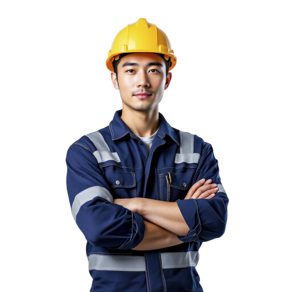 Asian man in hard hat standing with arms crossed png