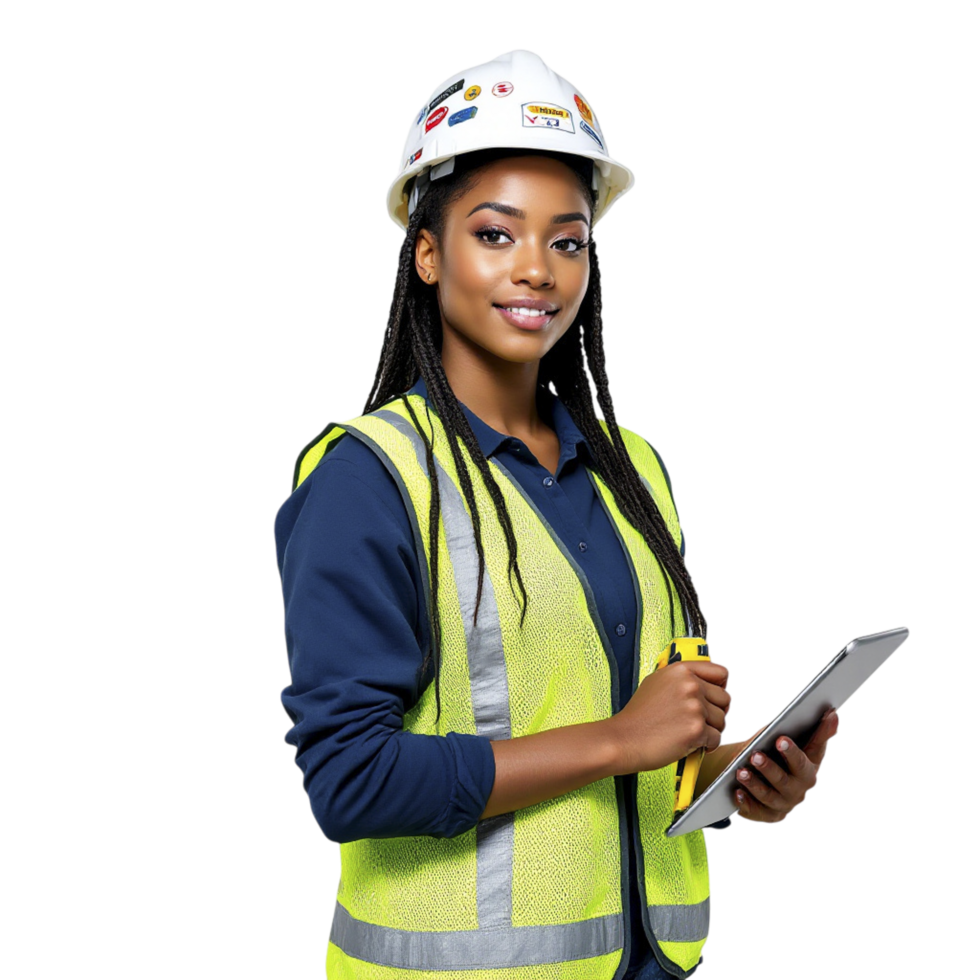 A woman in a safety vest holding a tablet png