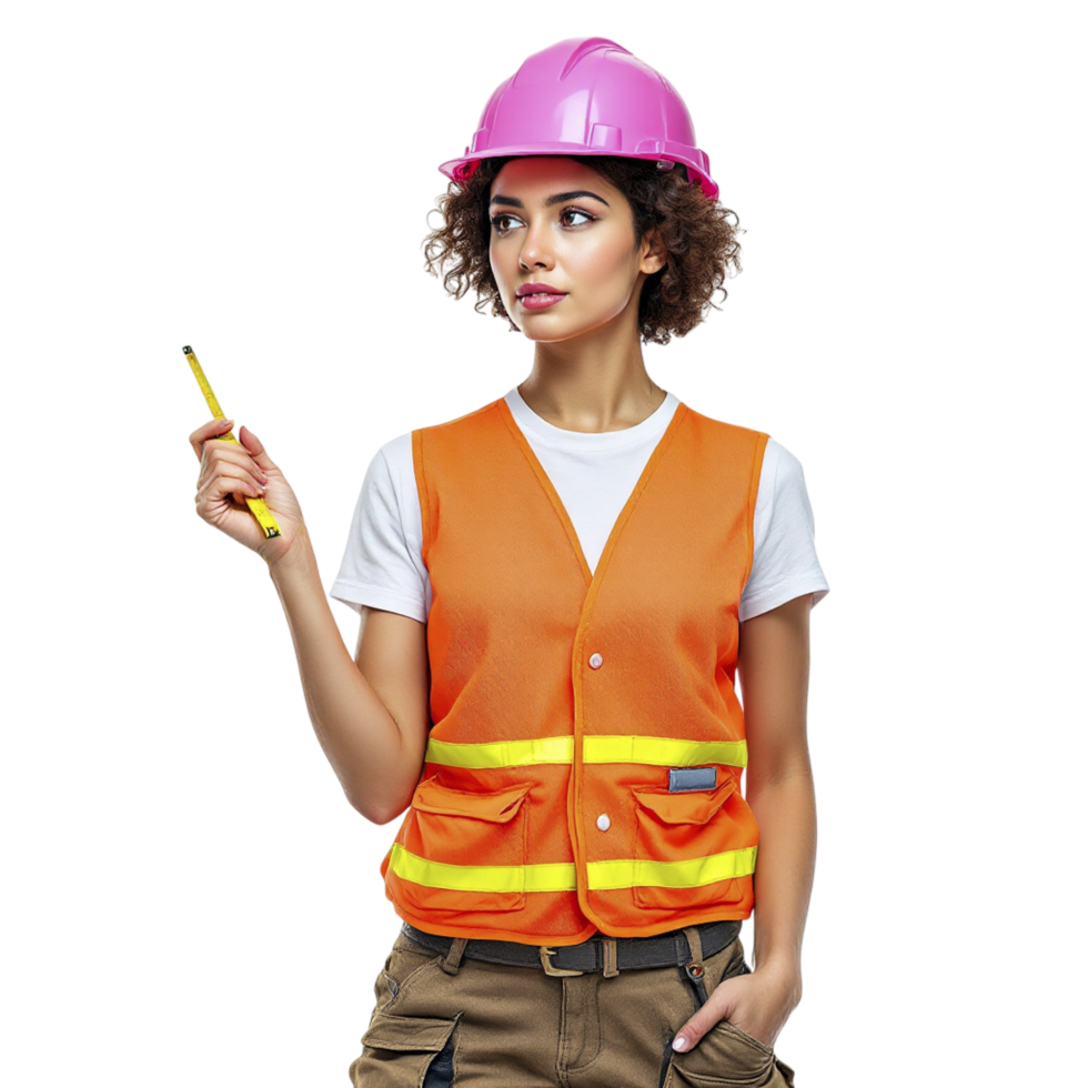 A woman in an orange vest holding a pencil png