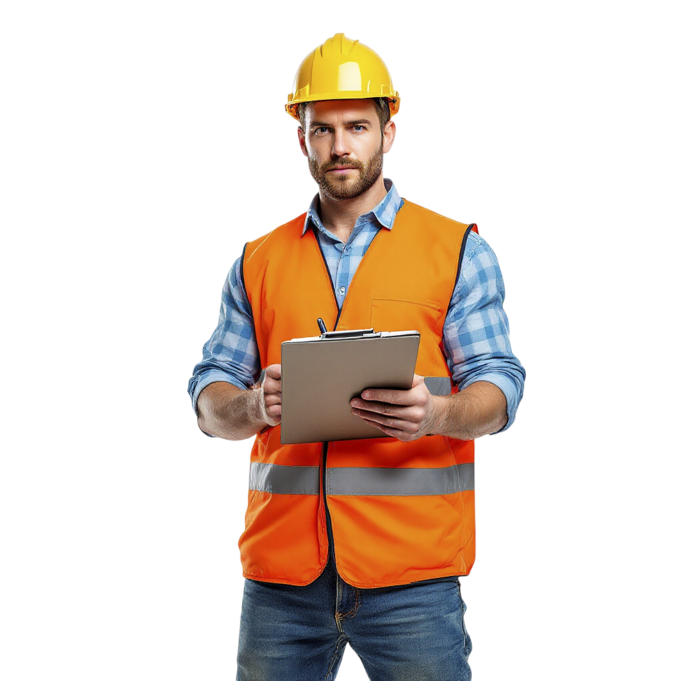 A man in an orange vest holding a clipboard png