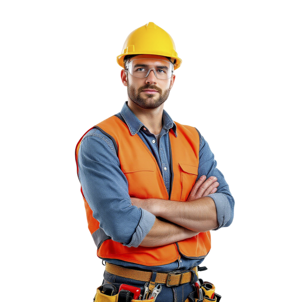 A man in an orange vest and safety glasses png
