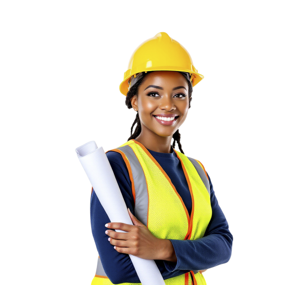 An african american woman in a hard hat holding a blueprint png