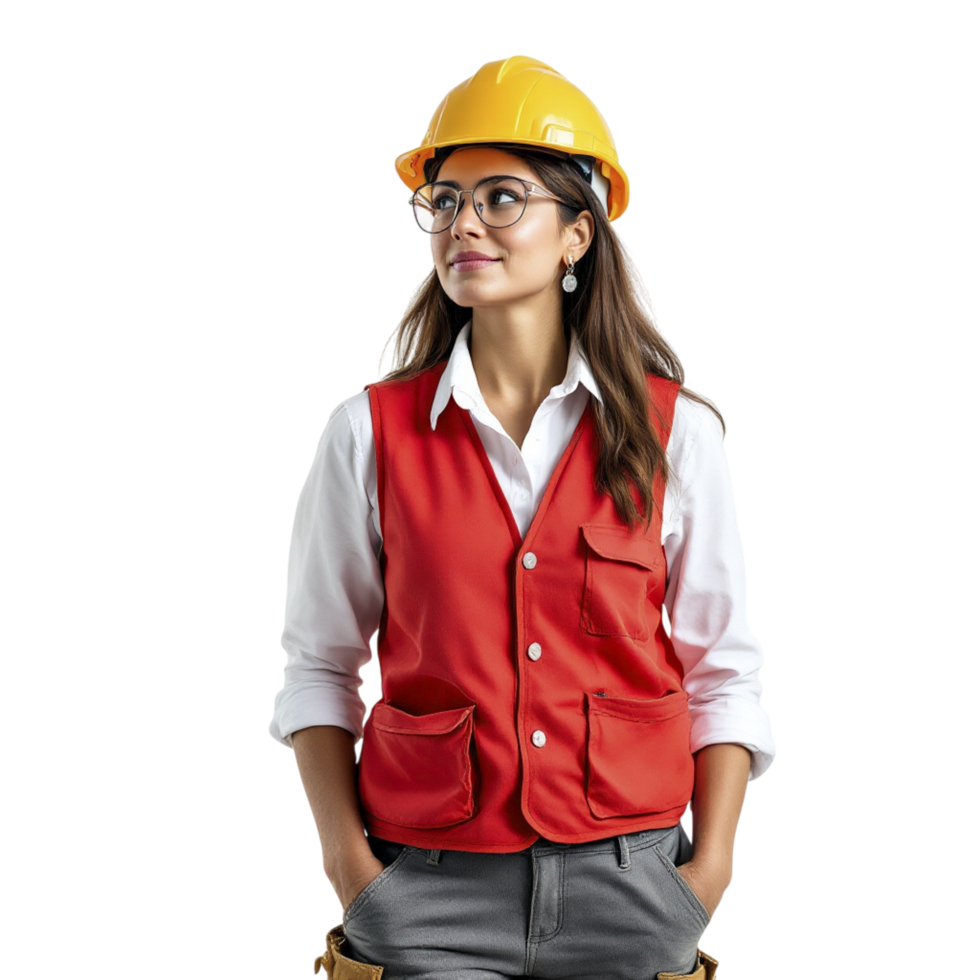 A woman in a hard hat and vest standing png