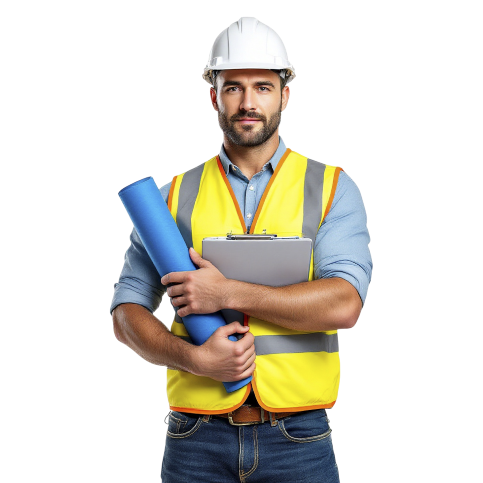 Portrait of a construction worker holding blueprints and clipboard png