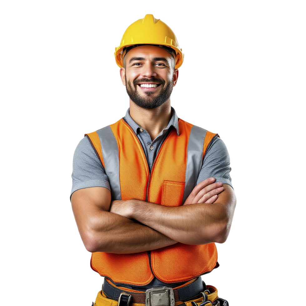 Portrait of a smiling male construction worker isolated on black background png