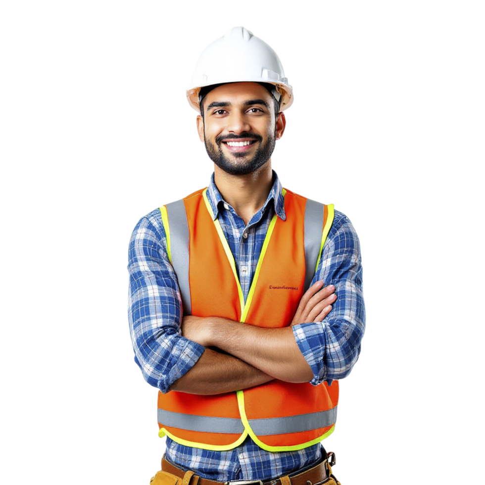 Portrait of a young man in safety vest isolated on black background png