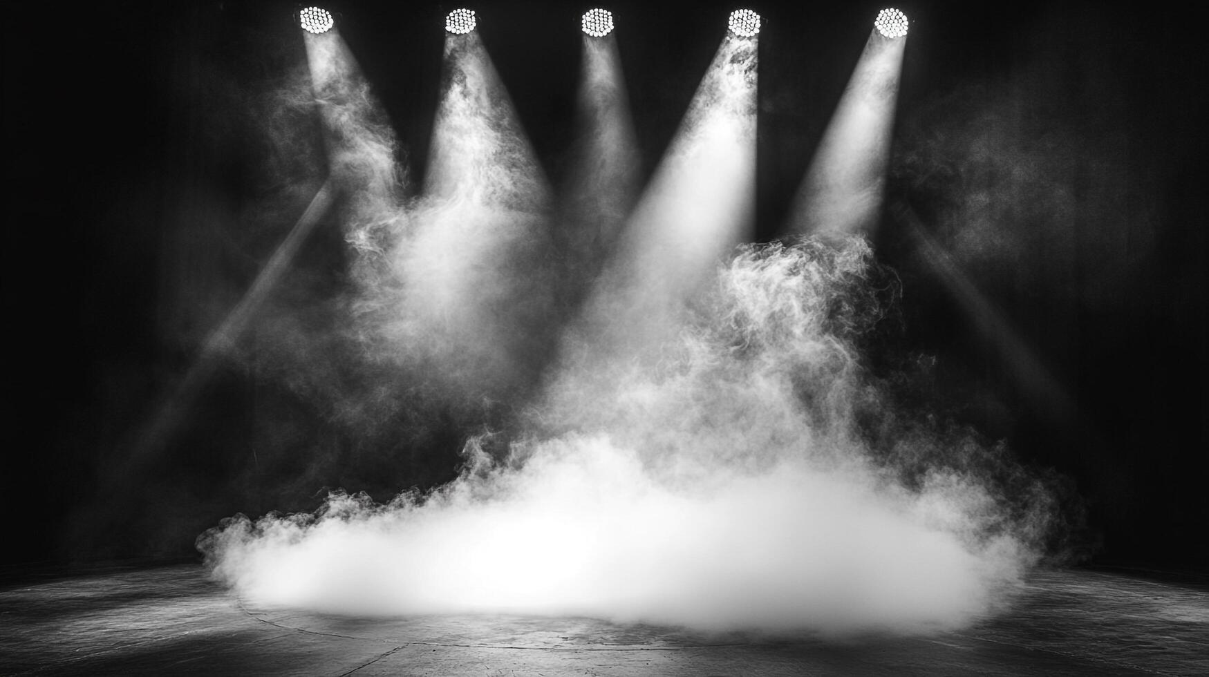 Monochromatic shot of stage lights piercing through smoke, creating a dramatic, atmospheric setting with a palpable sense of mystery and drama. photo