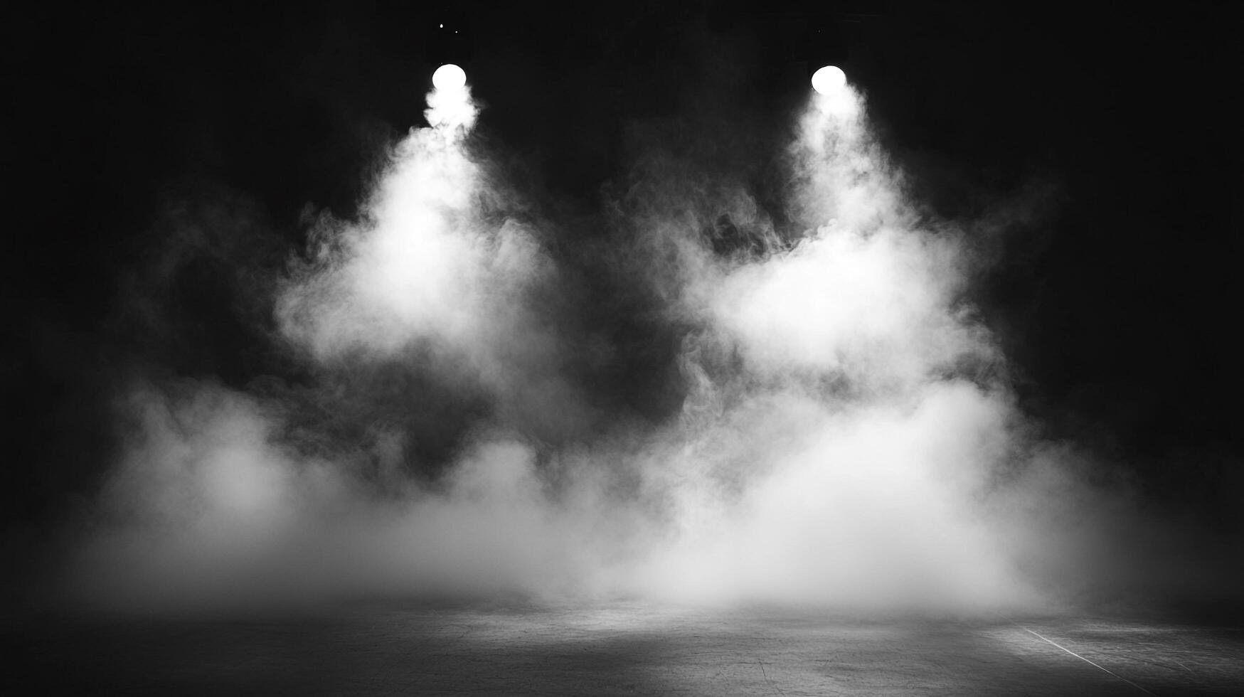An atmospheric stage is set with lighting and a smoky haze, creating a dramatic and theatrical scene in a monochrome image. photo