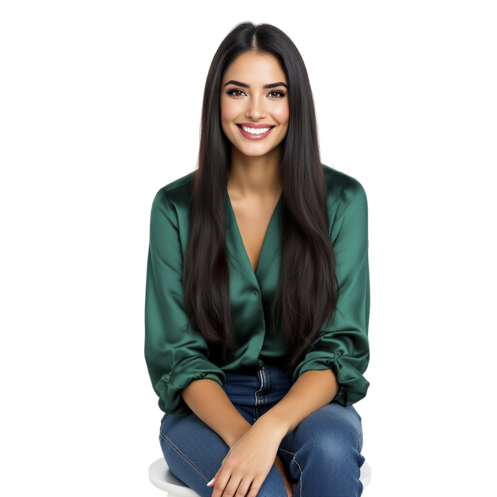 A woman sitting on a stool wearing a green shirt png