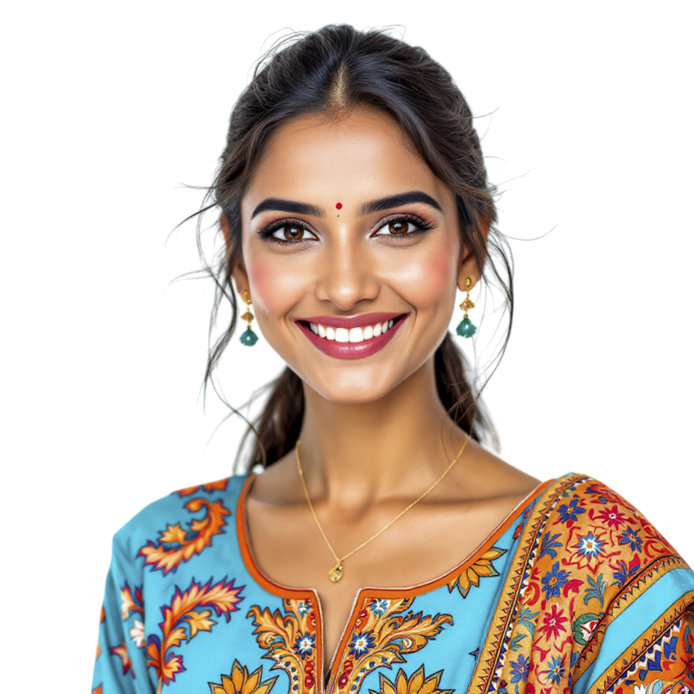 A woman in a colorful dress smiling png