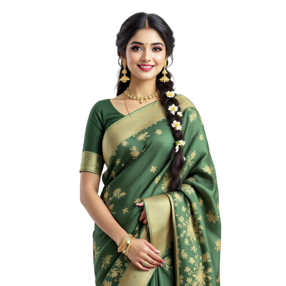 Green silk saree with gold embroidery png