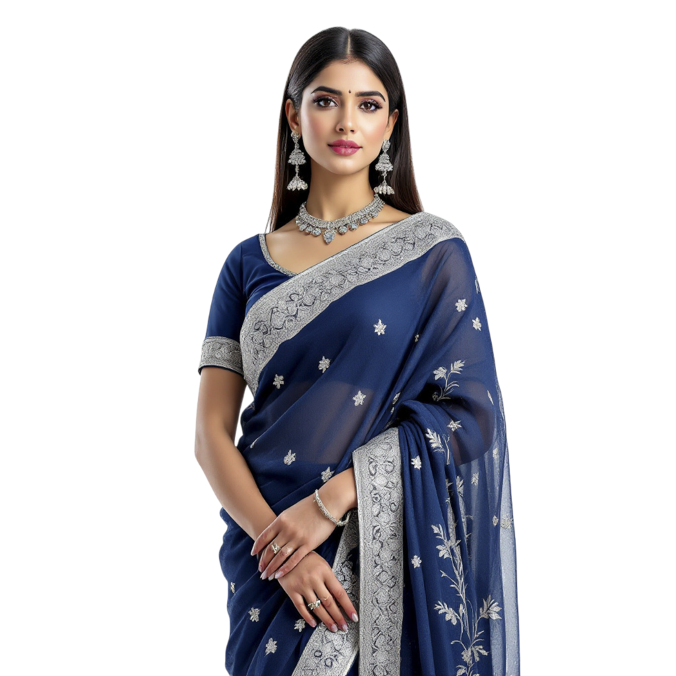 Navy blue embroidered saree with silver thread work png