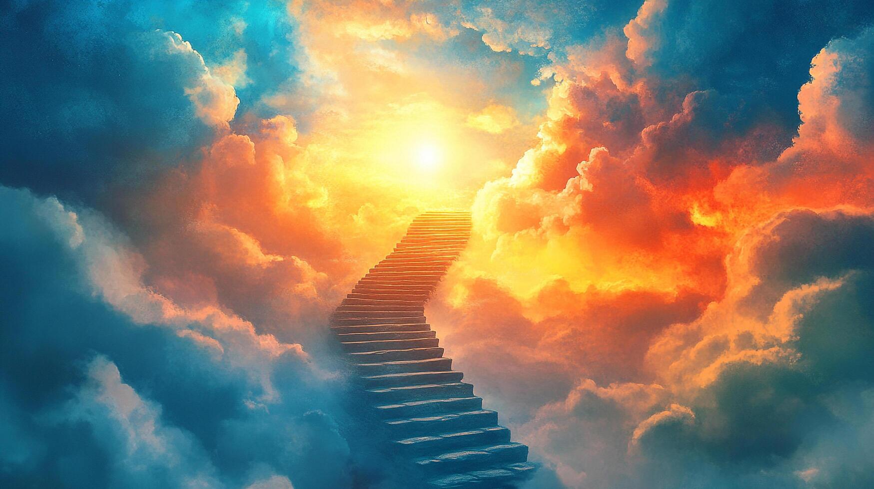 A stairway leads up into the sky, disappearing into radiant light in the clouds, symbolizing transcendence, hope, and spiritual ascension. photo