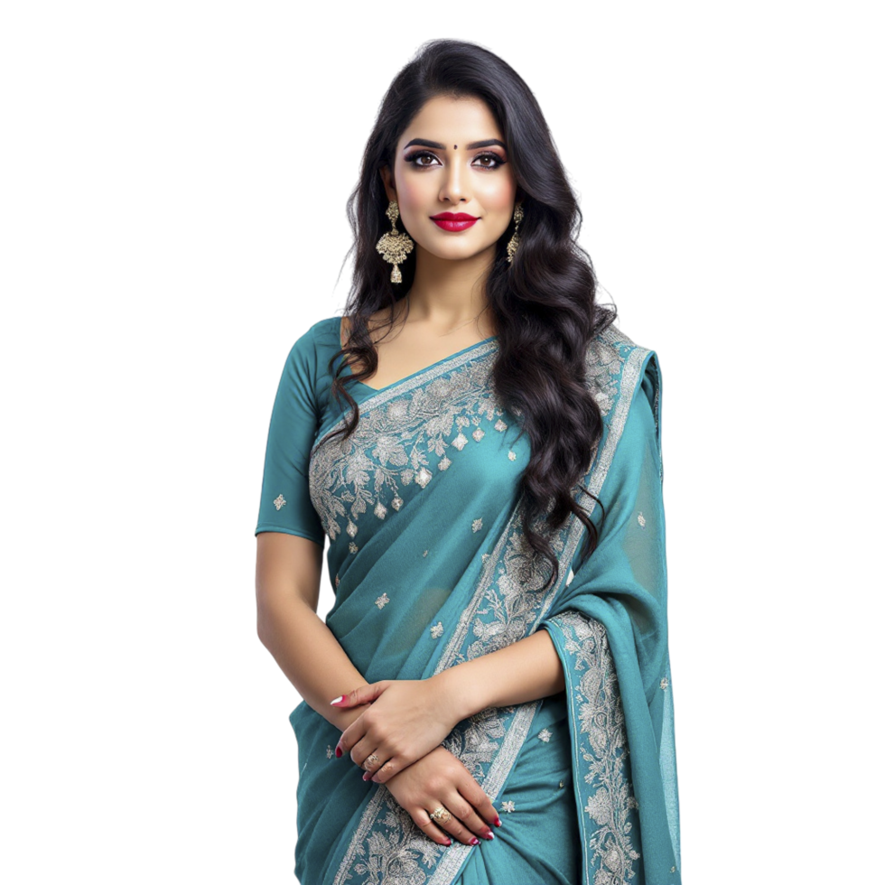 Blue saree with embroidered border and silver thread work png