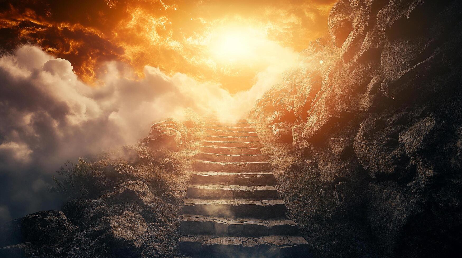 Stone steps lead upward into a bright, ethereal light, suggesting a journey towards enlightenment or a higher plane of existence. photo