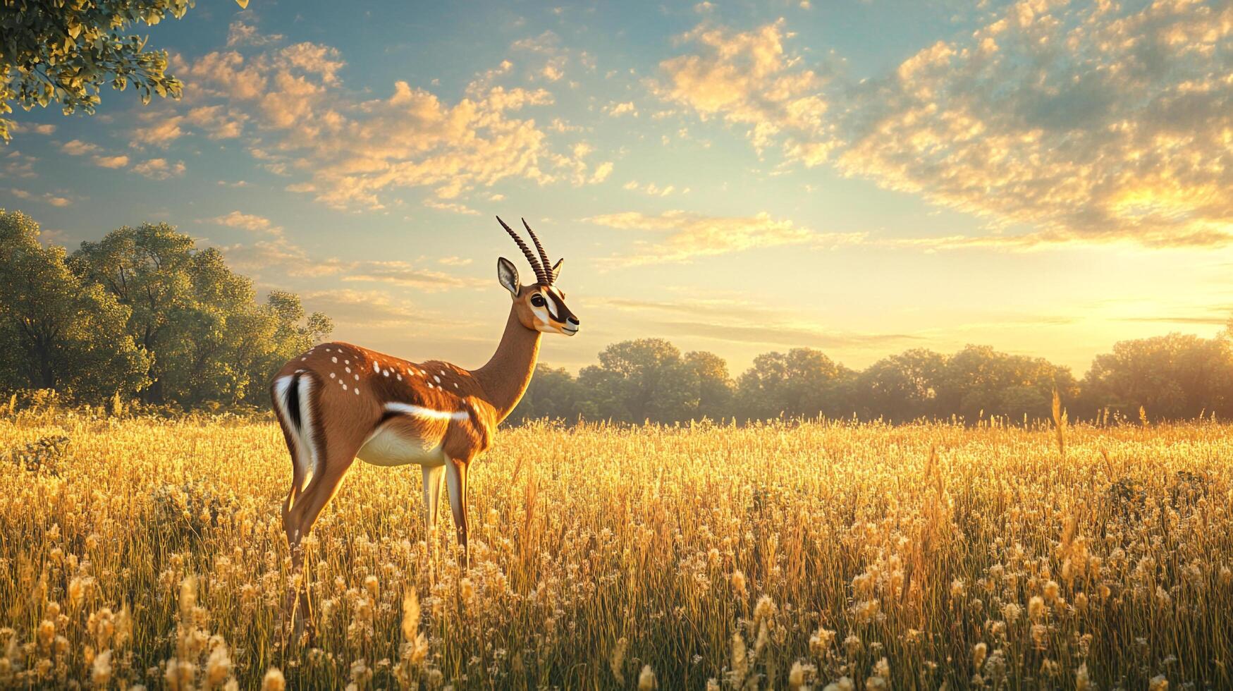 Gazelle stands majestically, bathed in the warm glow of sunrise, amidst a golden meadow, nature's beauty on full display. photo
