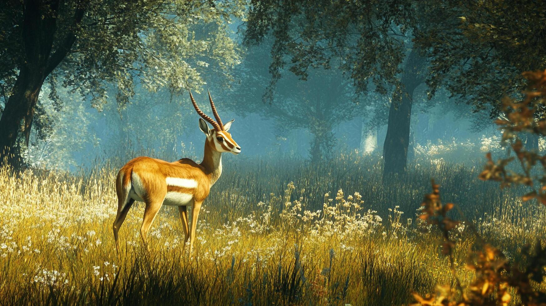 A graceful antelope stands in a tranquil meadow, its elegant form accentuated by the soft light filtering through the lush forest backdrop. photo