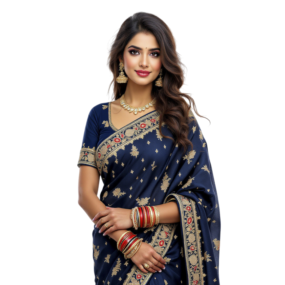 Navy blue embroidered silk saree png