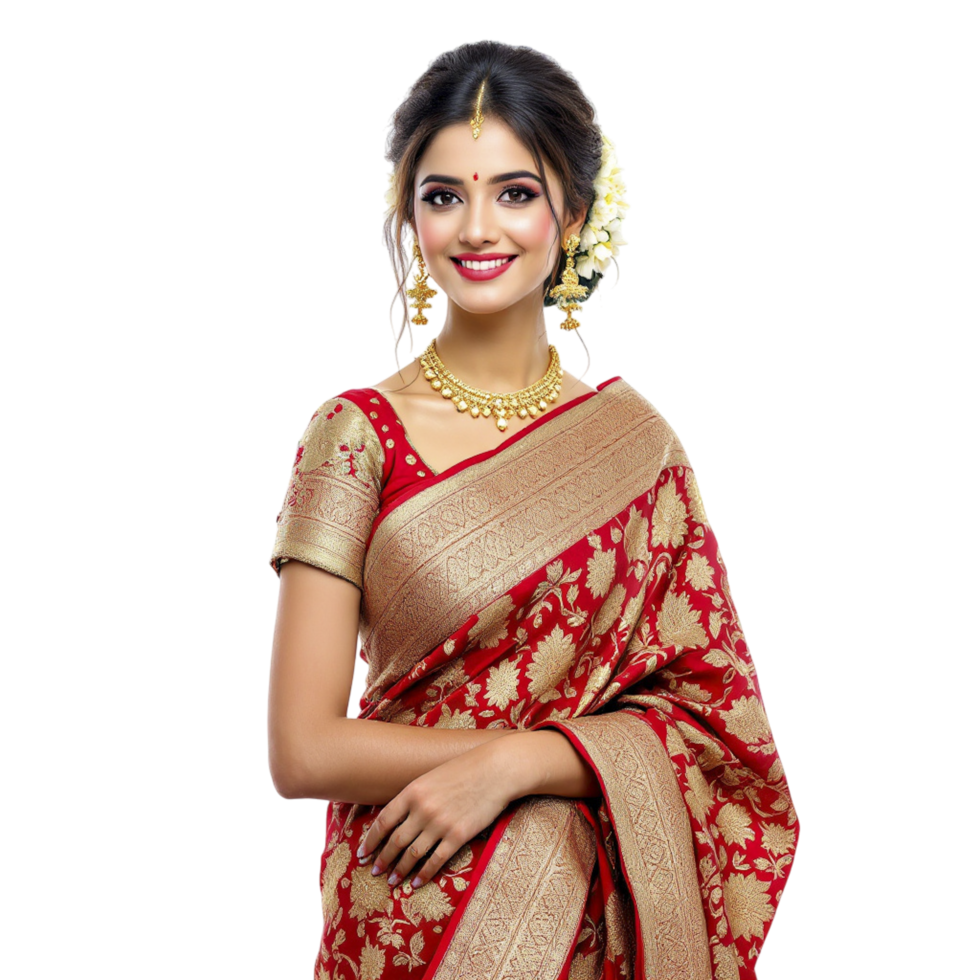 A beautiful woman in a red and gold sari png