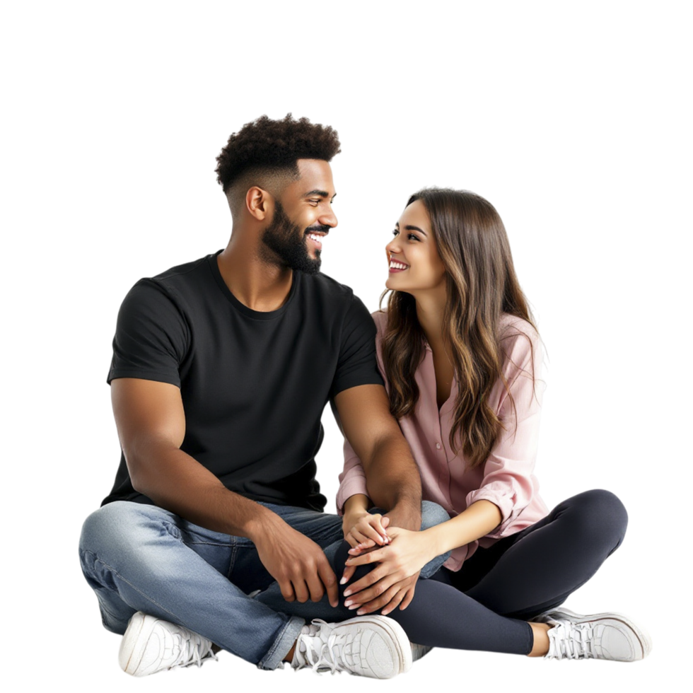 Couple sitting on the floor looking at each other png
