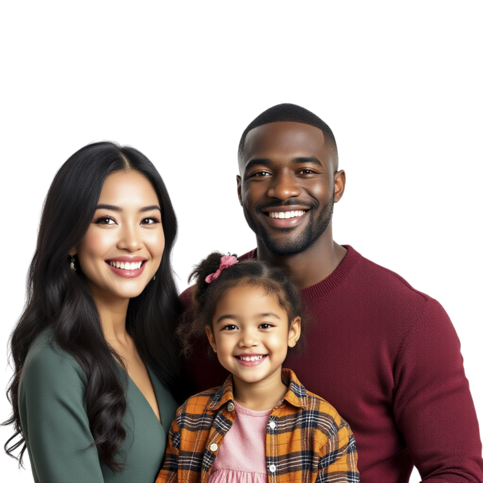 A young man, woman and child are smiling for the camera png