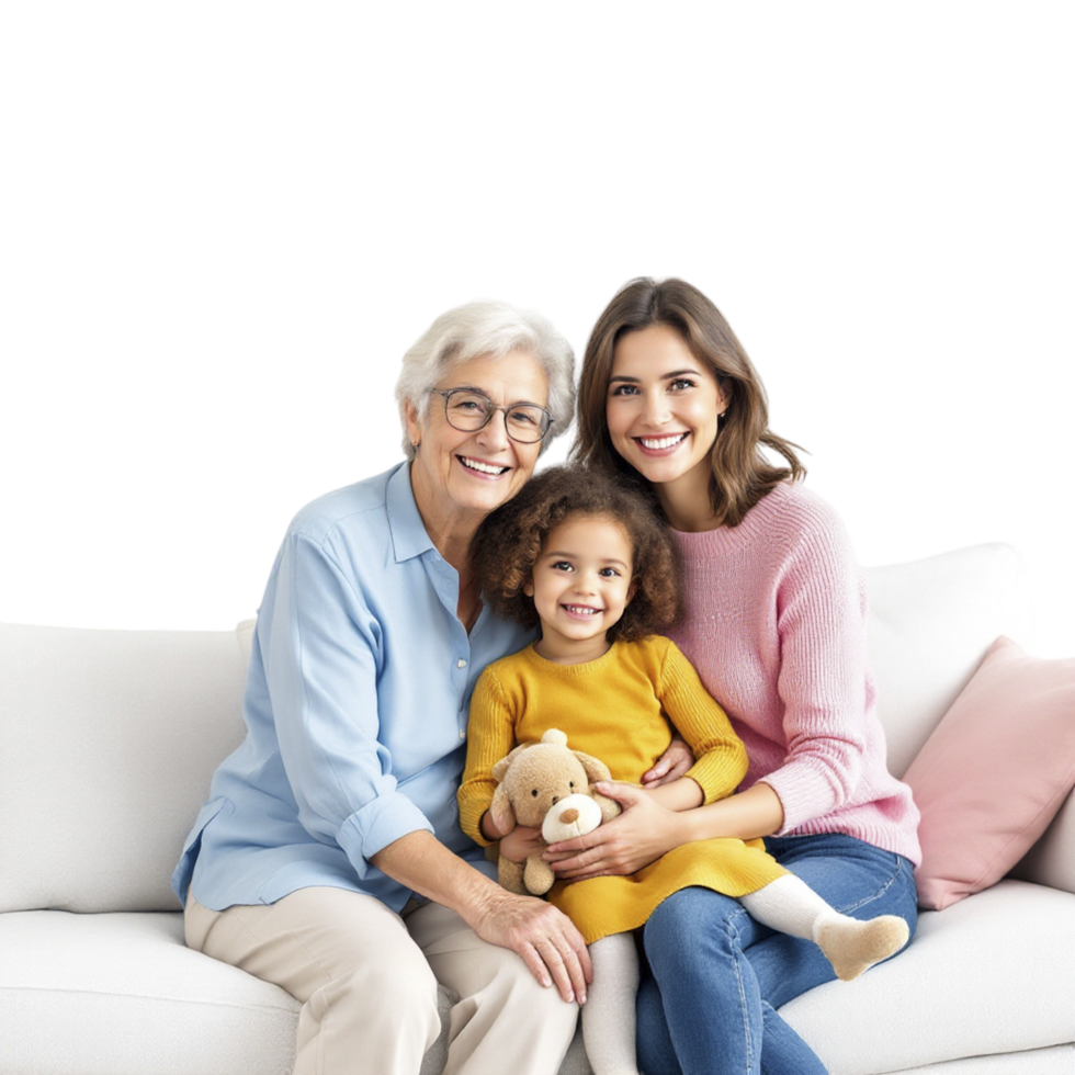 A woman and two children sitting on a couch png