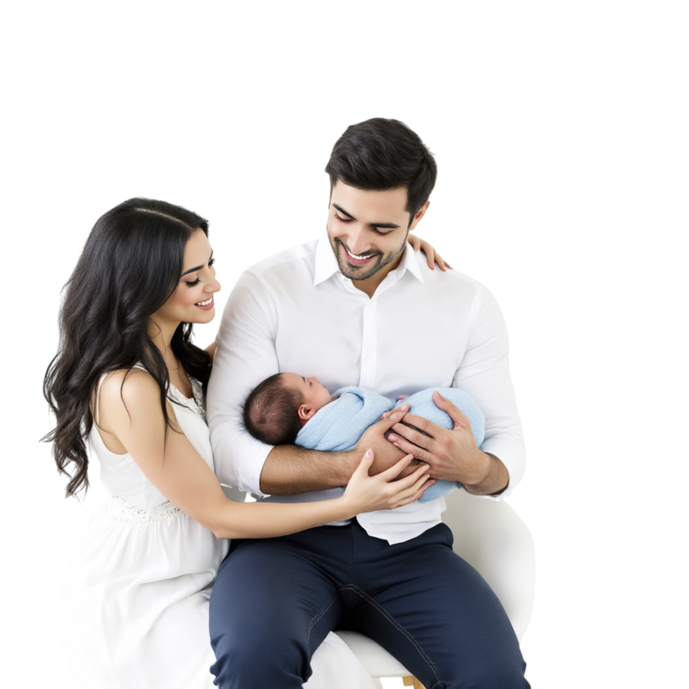 A man and woman are holding a baby in a white chair png