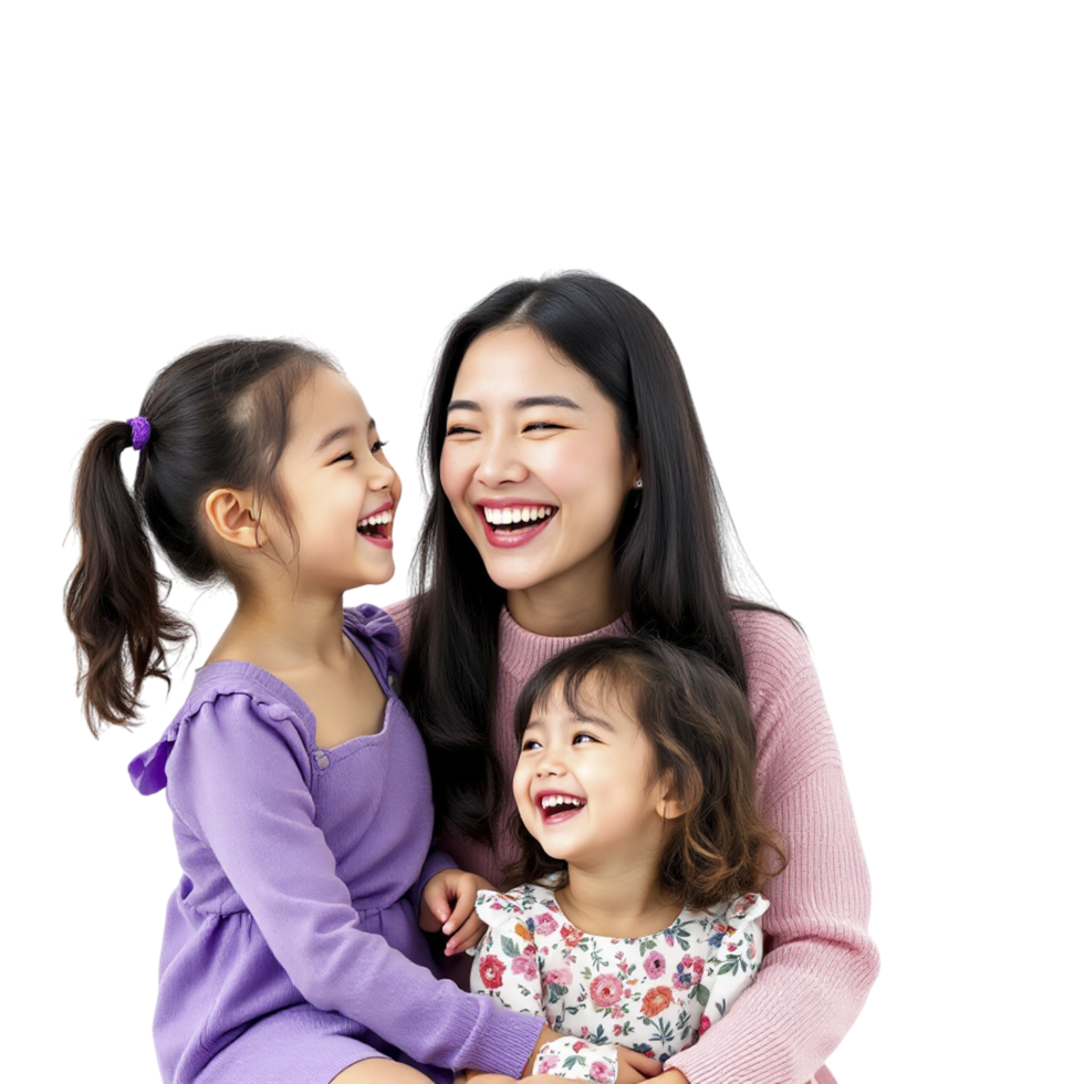 A woman and two children are laughing together png