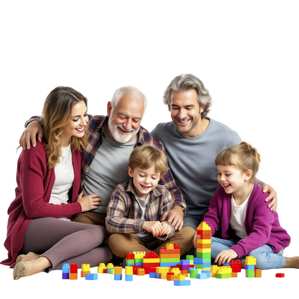 A family sitting together with their children playing with toy blocks png