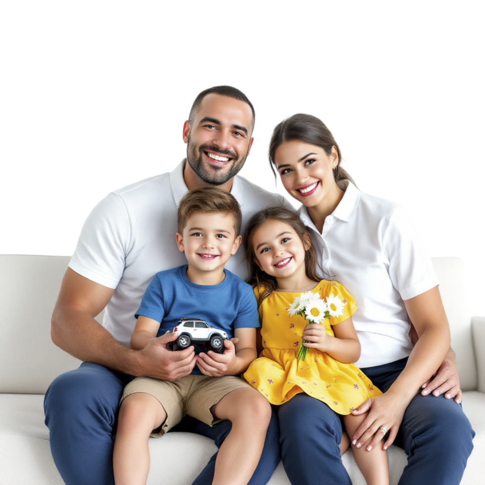 A man and woman with two children sitting on a couch png