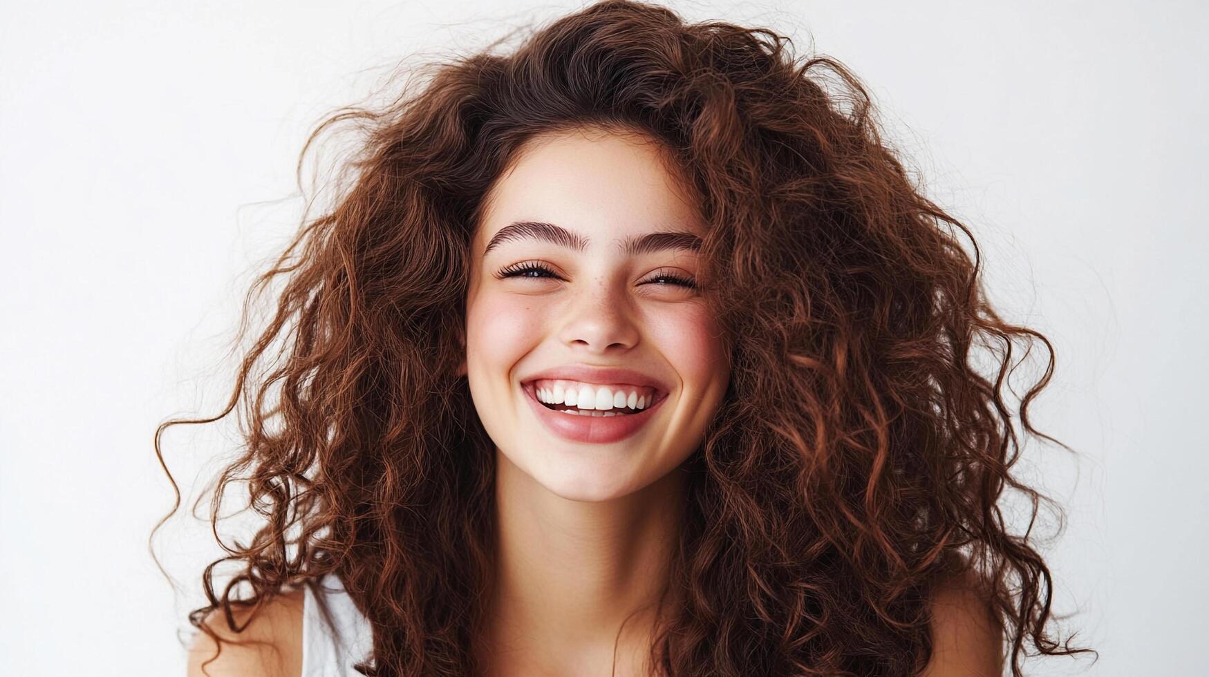 Cheerful young woman with curly brown hair and bright white smile exudes joy and optimism. Clean beauty and vibrant health are represented. photo