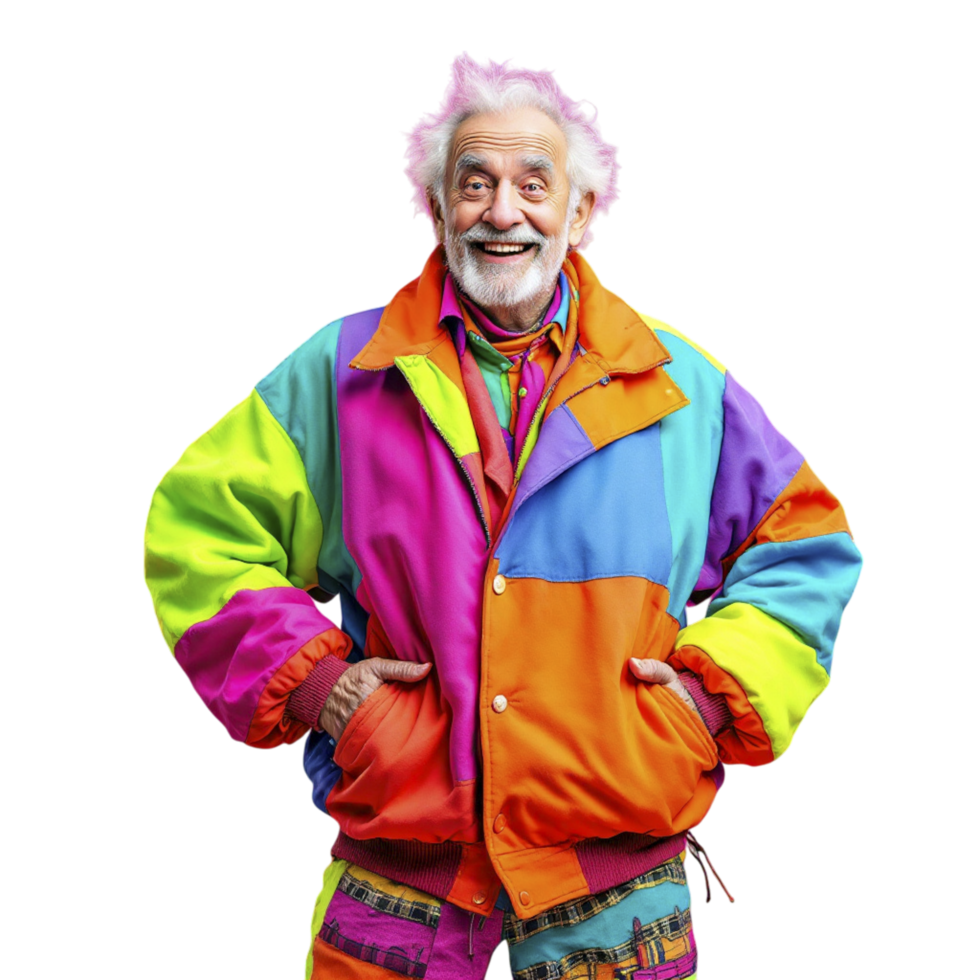An older man wearing colorful clothing and a rainbow jacket png