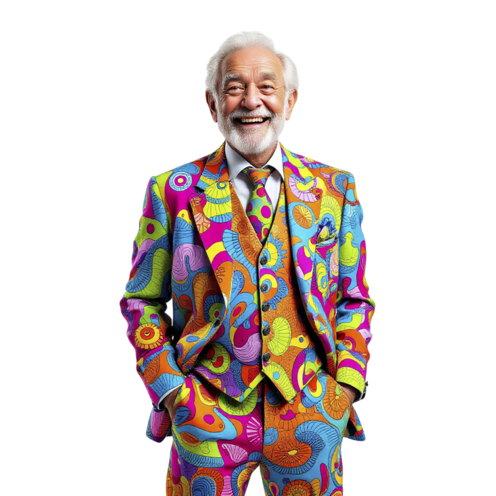 A man in a colorful suit posing for a photo png