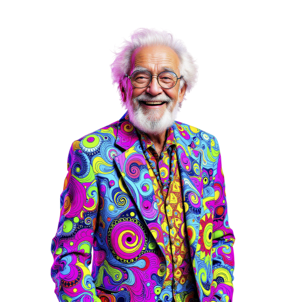 An older man in a colorful suit with white hair png