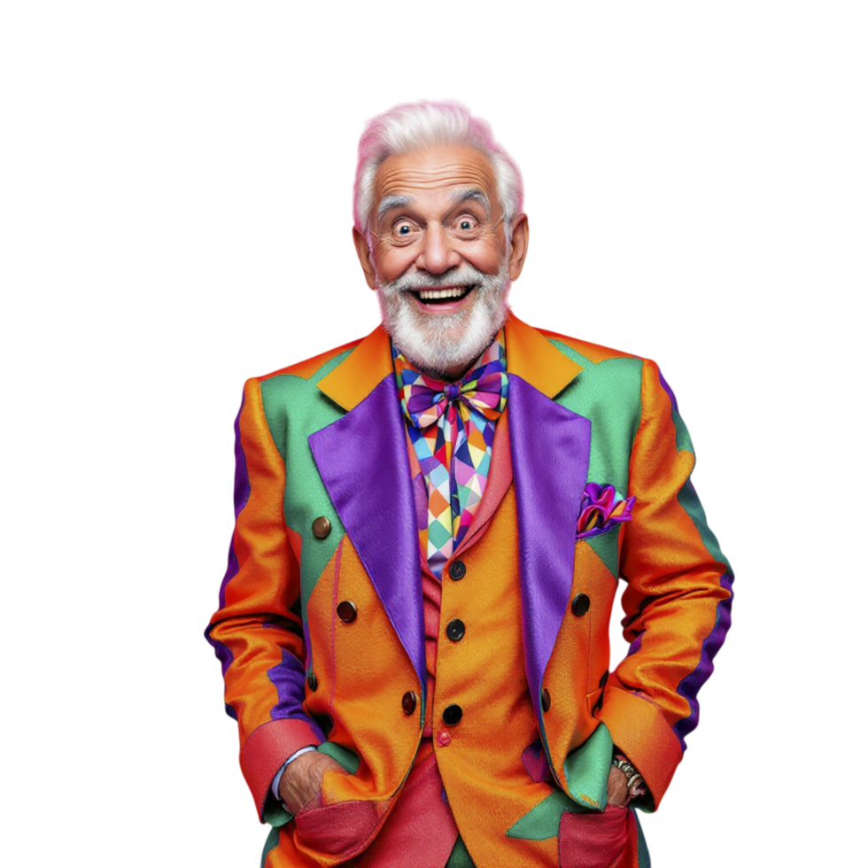 A man with a colorful suit and a white beard png