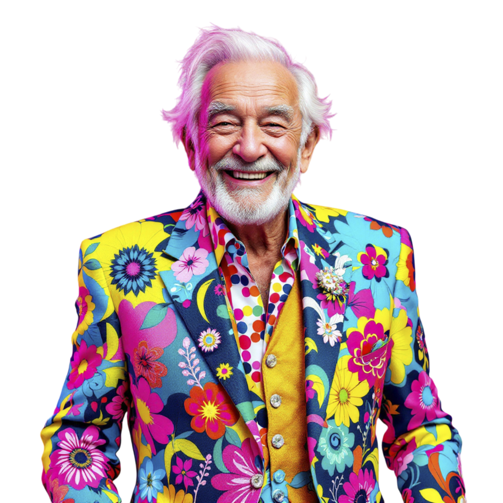 An older man in a colorful suit with a smile png