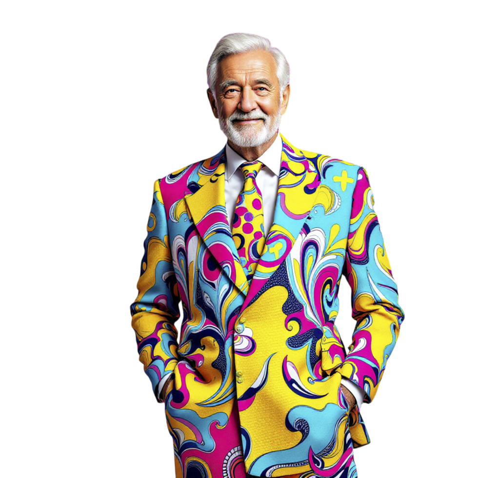 A man in a colorful suit posing for a photo png