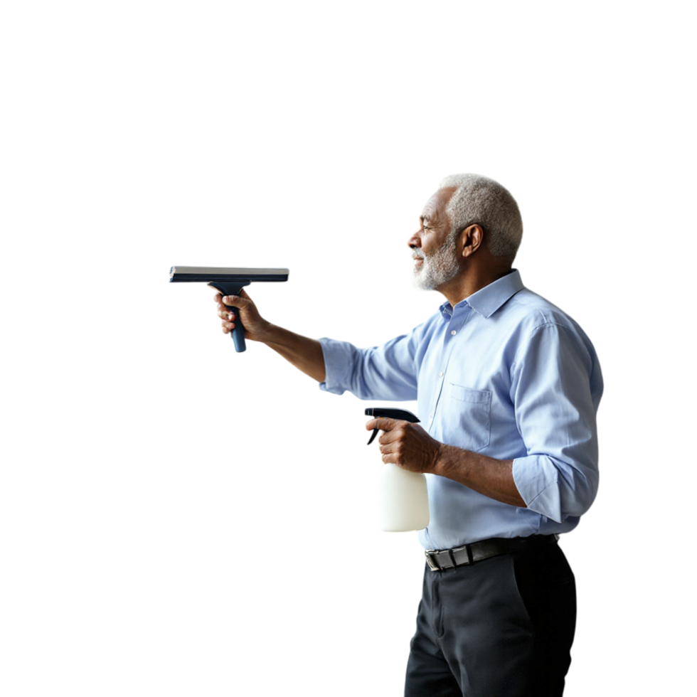 An older man holding a spray gun and pointing it at something png