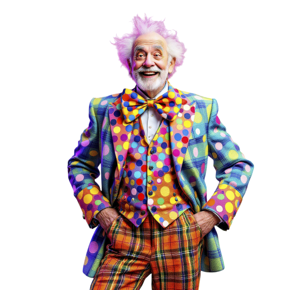 An old man in a colorful suit and bow tie png