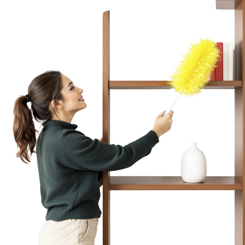 A woman is cleaning a shelf with a yellow brush png