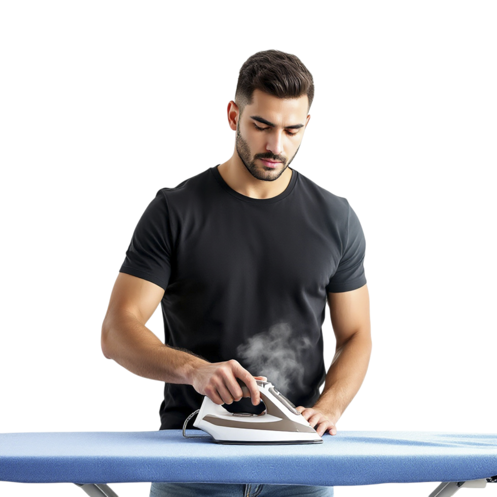 A man is ironing on an ironing board png