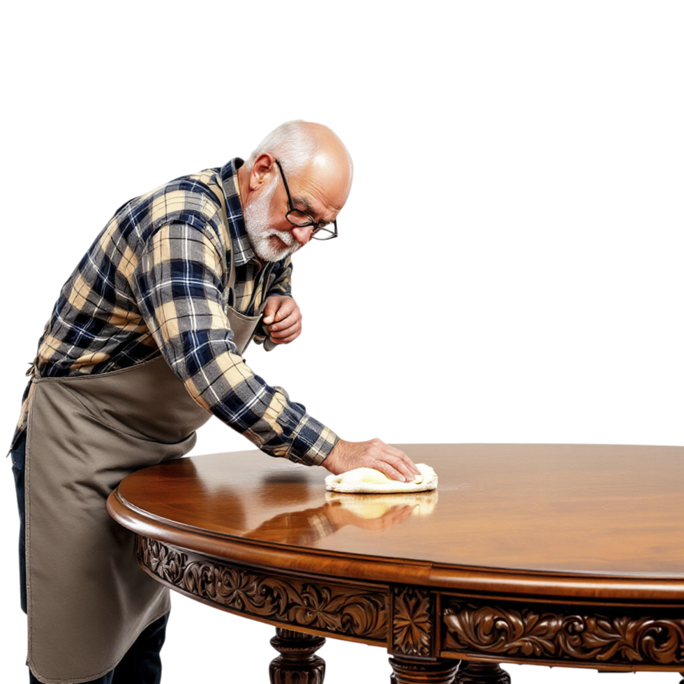 An older man in an apron wiping down a table png