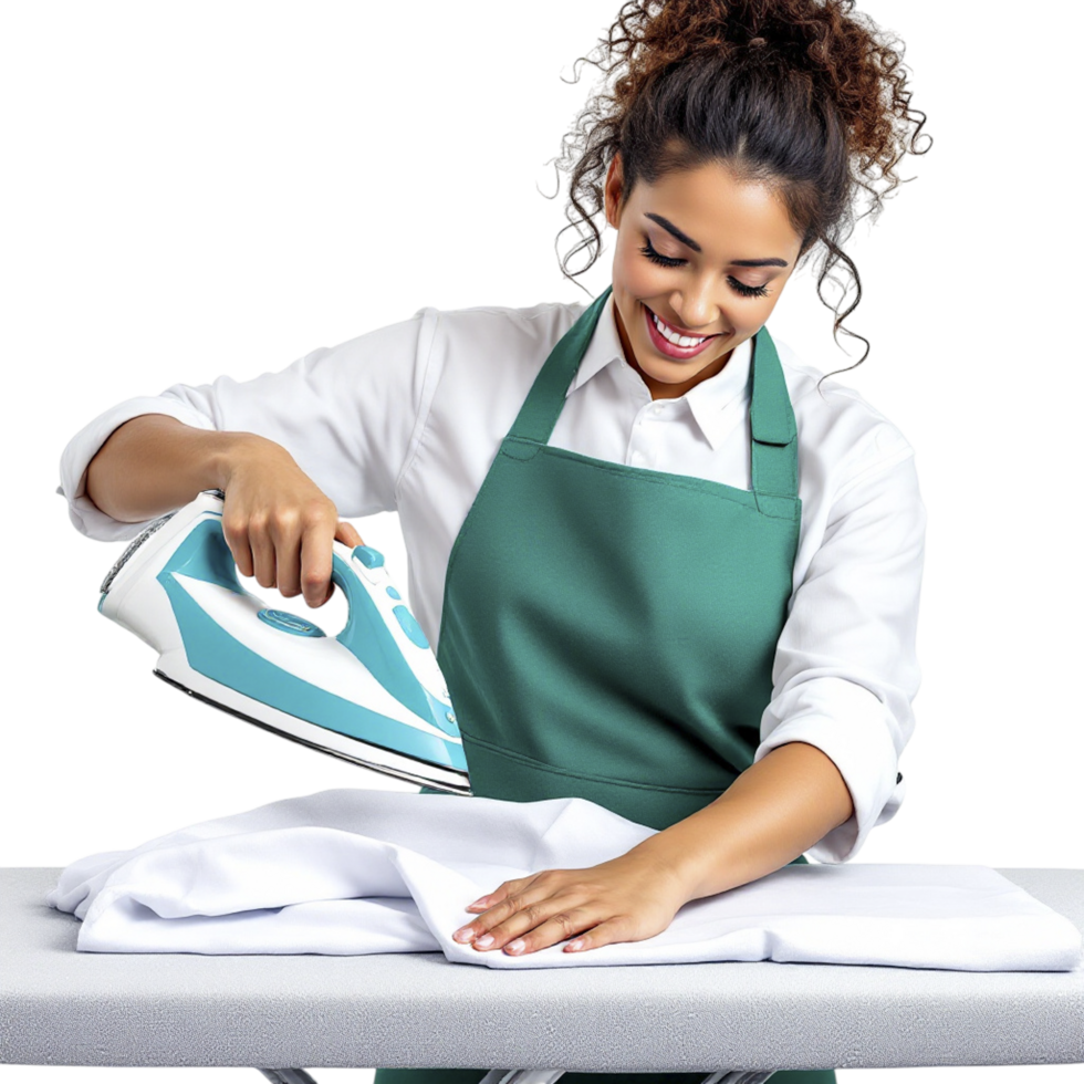 A woman in apron ironing clothes on a table png