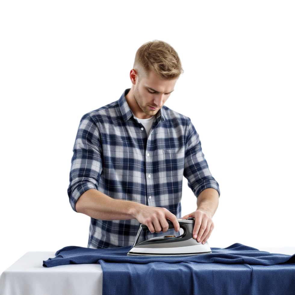 Man ironing shirt on ironing board png