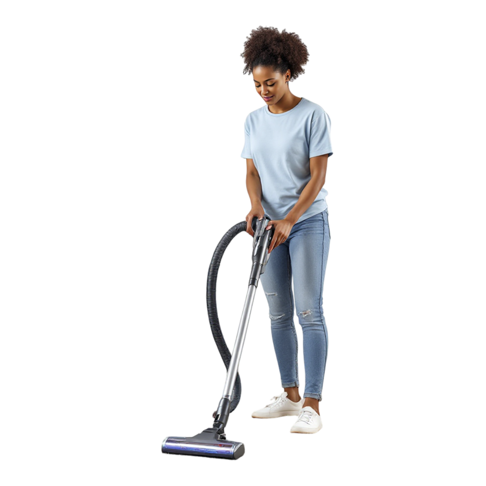 A woman using a vacuum cleaner on a black background png