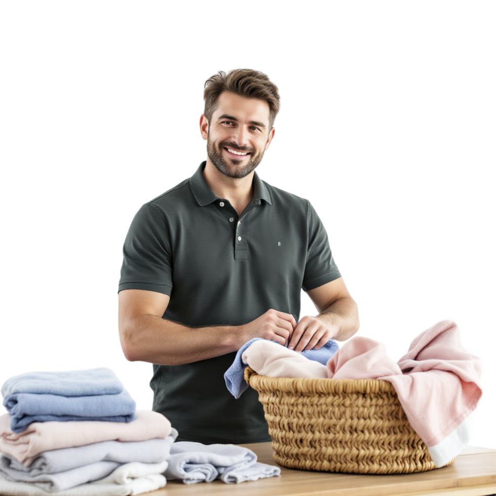Man standing in front of a basket of laundry png