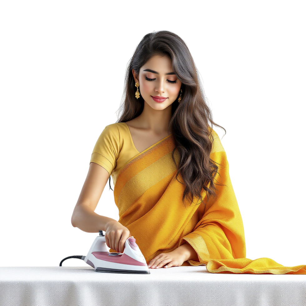 A woman in yellow sari ironing on a table png